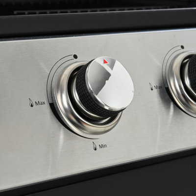 Barbecue au propane en acier inoxydable à 4 brûleurs, 34 000, avec deux tablettes, roues et ouvre-bouteille pratique pour barbecue, brûleur, couvercle, roues transportables