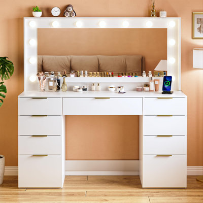 Bureau de coiffeuse avec grand miroir et lumières, 9 tiroirs, prise de courant