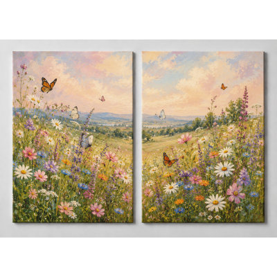 Très grand ensemble de 2 fleurs sauvages prairies, reproduction d'art sur toile pastel papillon, décoration florale pour chambre à coucher, chambre d'enfant, impression sur toile 24 x 36 pouces - prête à être accrochée