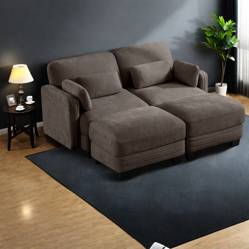 Canapés d'angle modulaires modernes, causeuse deux places en chenille marron avec 2 poufs