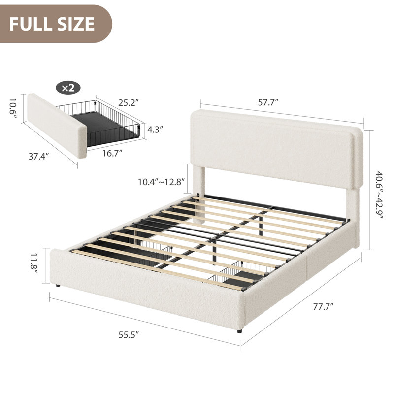 Full Size Teddy Fleece Bed Frame, Upholstered Platform Bed with 2 Storage Drawers, Height Adjustable Cloud Headboard, Thick Soft Teddy Fabric Bed for Kids Teens Adults, Modern Style, No Box Spring Required, Cream