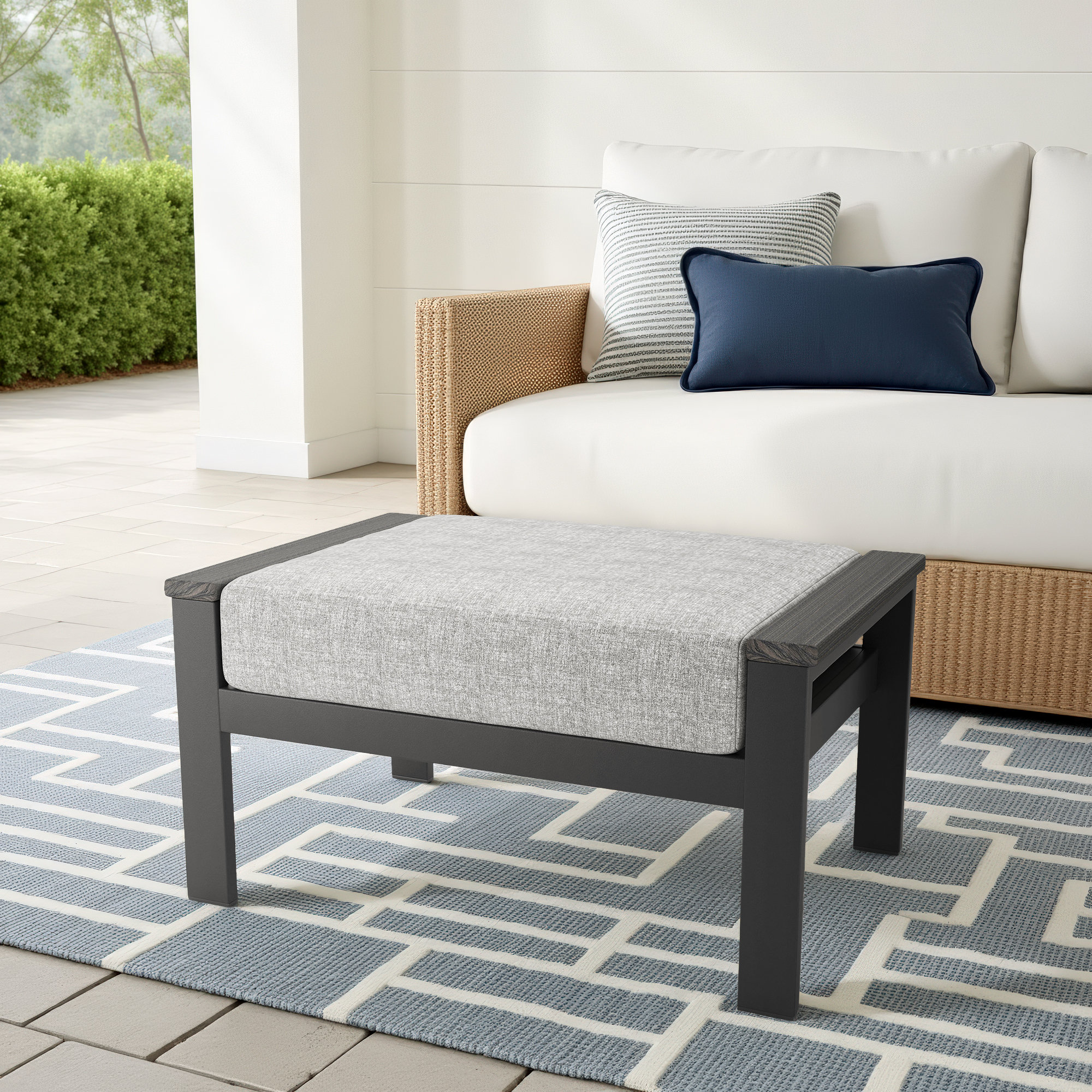 Townsend Outdoor Ottoman with Sunbrella Cushions, Canvas Granite Sunbrella® Canvas