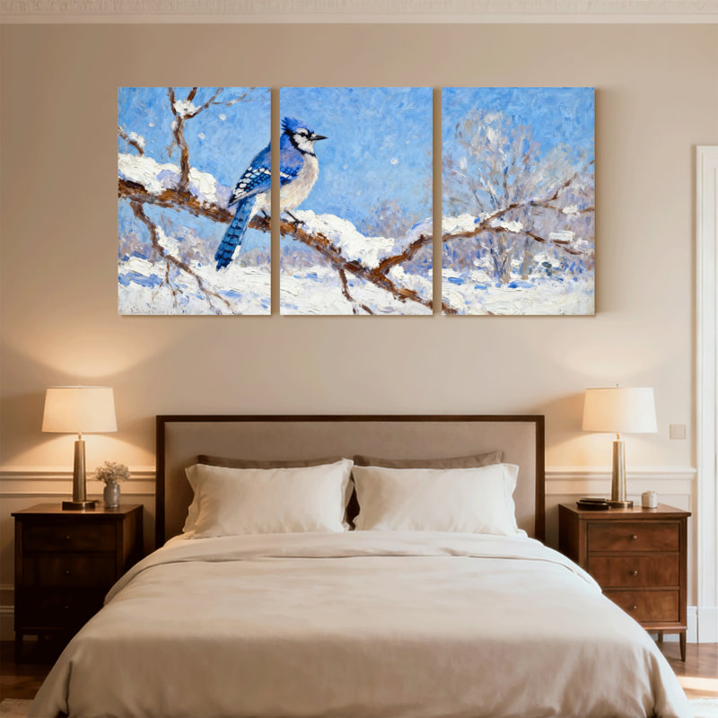 Birds Blue Jay perché sur une branche enneigée, scène d'hiver, ensemble de 3 impressions sur toile, H 24 po x l 48 po