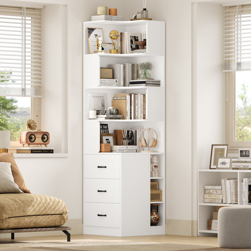 📐 76.8" Corner Bookcase with 3 Drawers – 7-Tier L-Shaped Shelf, Space-Saving Storage for Small Spaces, Apartments & Offices