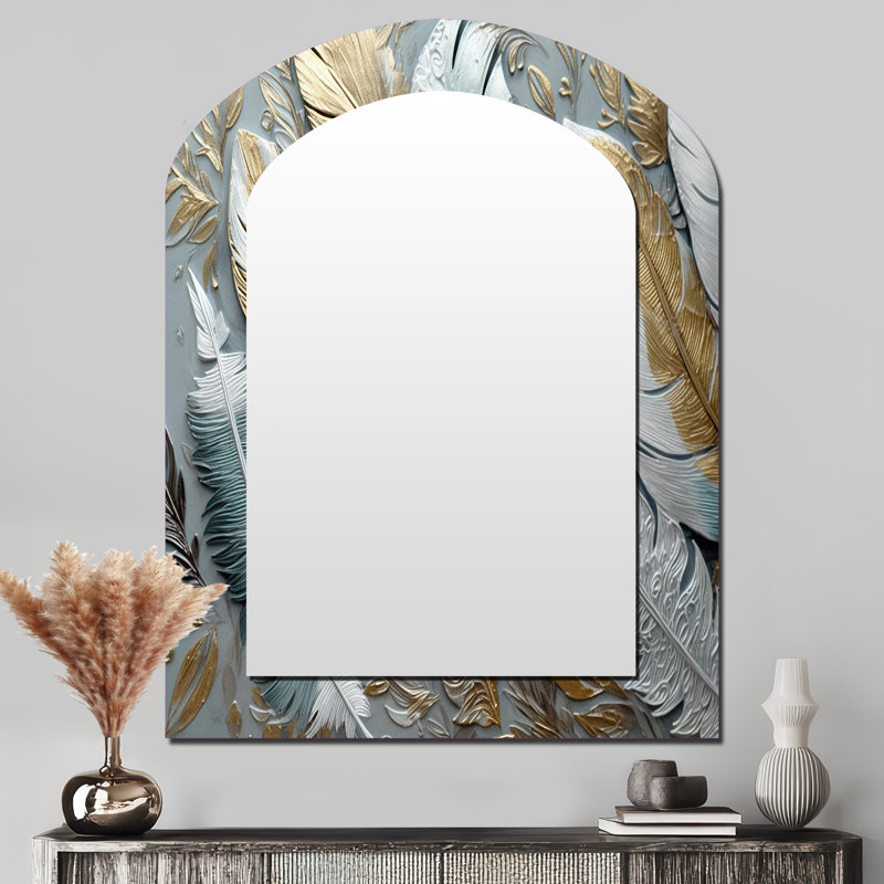 Gold Gilded Feathers V - Glam Feather Asymmetrical Unique Mirror, Gold Arch Large Wall Mirror, Printed Metal Art, 43" x 33"