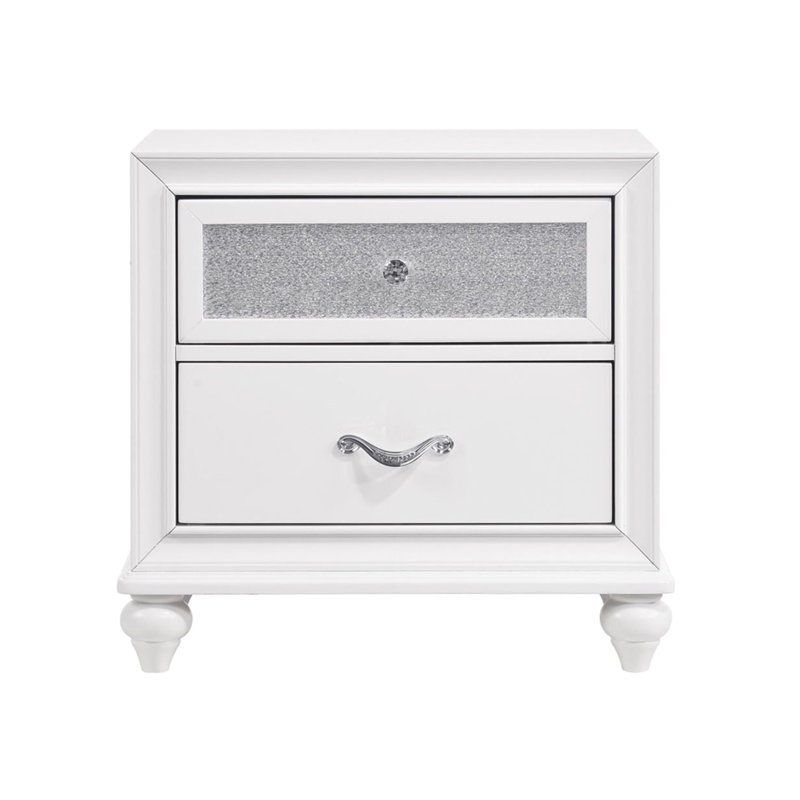 Charmante table de chevet blanche avec 2 tiroirs et acrylique brillant avec des détails chatoyants de 2 po