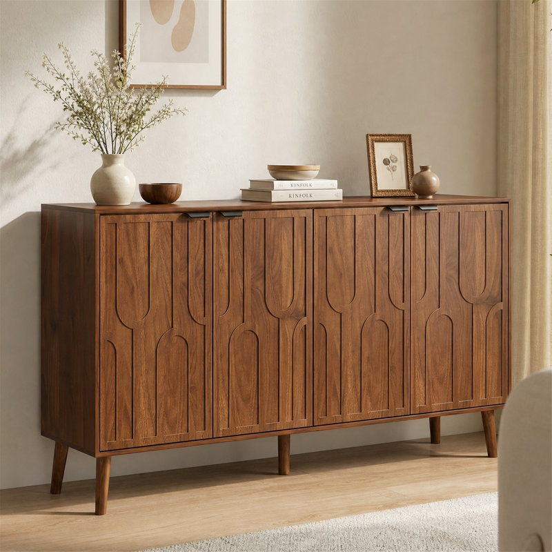 Buffet moderne du milieu du siècle à 4 portes de 140 cm (55 po) avec étagères ajustables, noyer