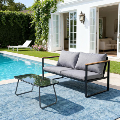 Metal Outdoor Patio Loveseat,2-person Weatherproof Faux Wood Armrests Sofa With Tempered Glass Coffee Table