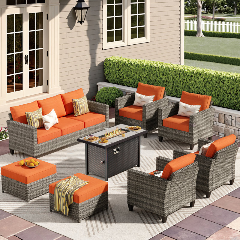 8 - Person Patio Furniture Set , Outdoor Wicker Rattan Seating Group With Cushions, All Weather Sofa Conversation Set With Fire Pit Table For Garden Backyard