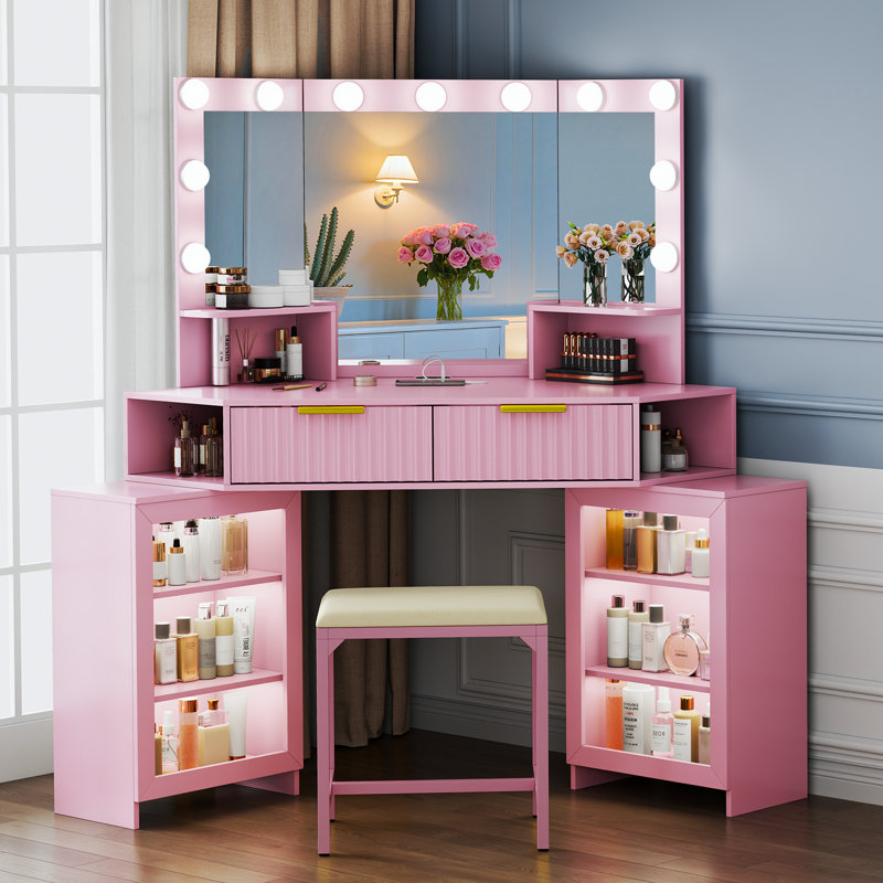 Coiffeuse de coin - 11 ampoules Hollywood avec module de capteur humain, Rose