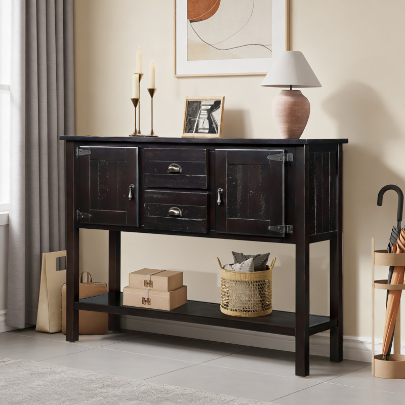 Console de rangement en bois avec 2 tiroirs, armoires et tablette inférieure, Noir