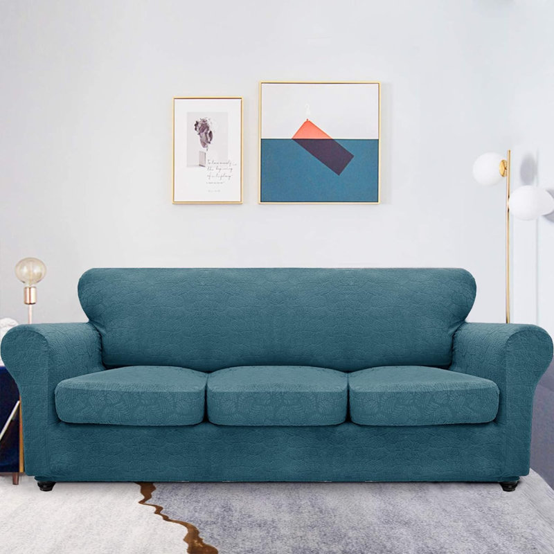 Housse pour canapé à coussins en T Stretch Leaf, Tissu bleu, H 41 po x l 92 po x P 42 po