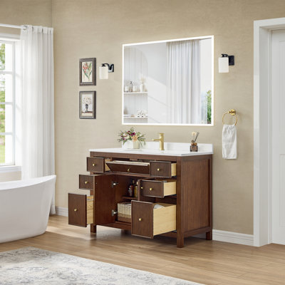 Meuble-lavabo simple 48 po Pendry en noyer foncé, comptoir en marbre de culture de Carrare, lavabo carré encastré (1 trou), garniture en nickel brossé