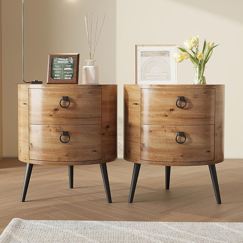 2 PCS Table d'appoint ronde avec tiroirs Table de chevet moderne avec rangement Table d'appoint en bois Table de chevet circulaire avec pieds en métal pour le salon, la chambre