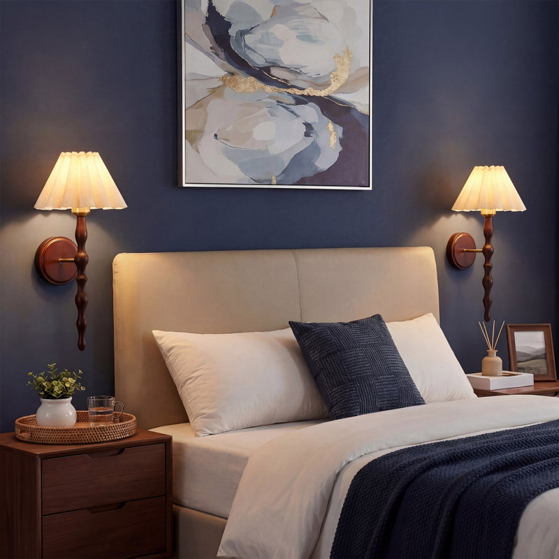 Ensemble de 2 appliques murales rétro avec abat-jour en lin, bras en faux bois