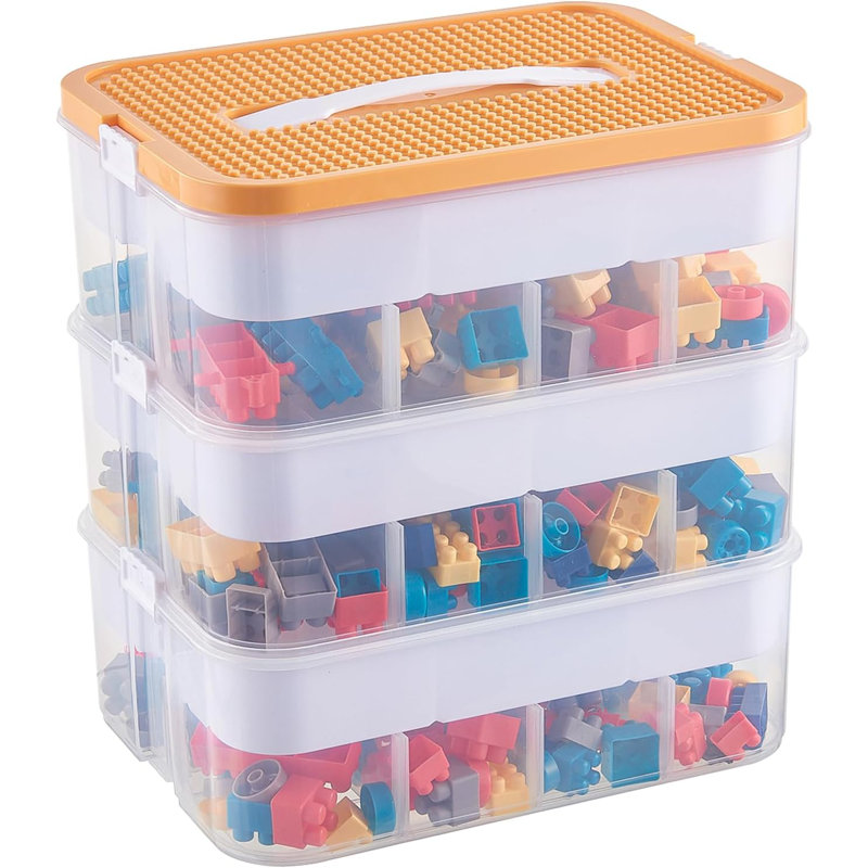 Organisateur de rangement en plastique à 3 couches avec poignée et couvercle jaune