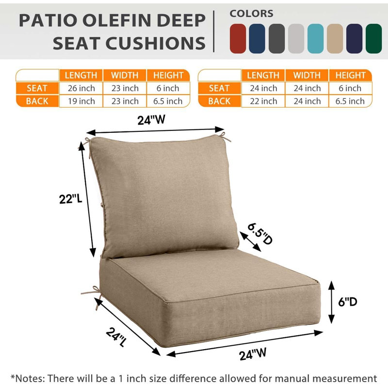 Outdoor Olefin Deep Seat Cushion, Patio Chair Cushion and Pillow, Water-Resistant Sectional Sofa Pad, 1, Khaki