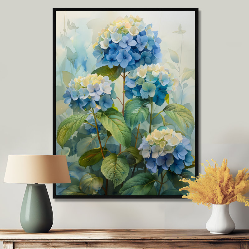 Bleu et vert jardin fleuri hortensia II - hortensia art mural, Cadre flottant noir, H 16 po x l 32 po