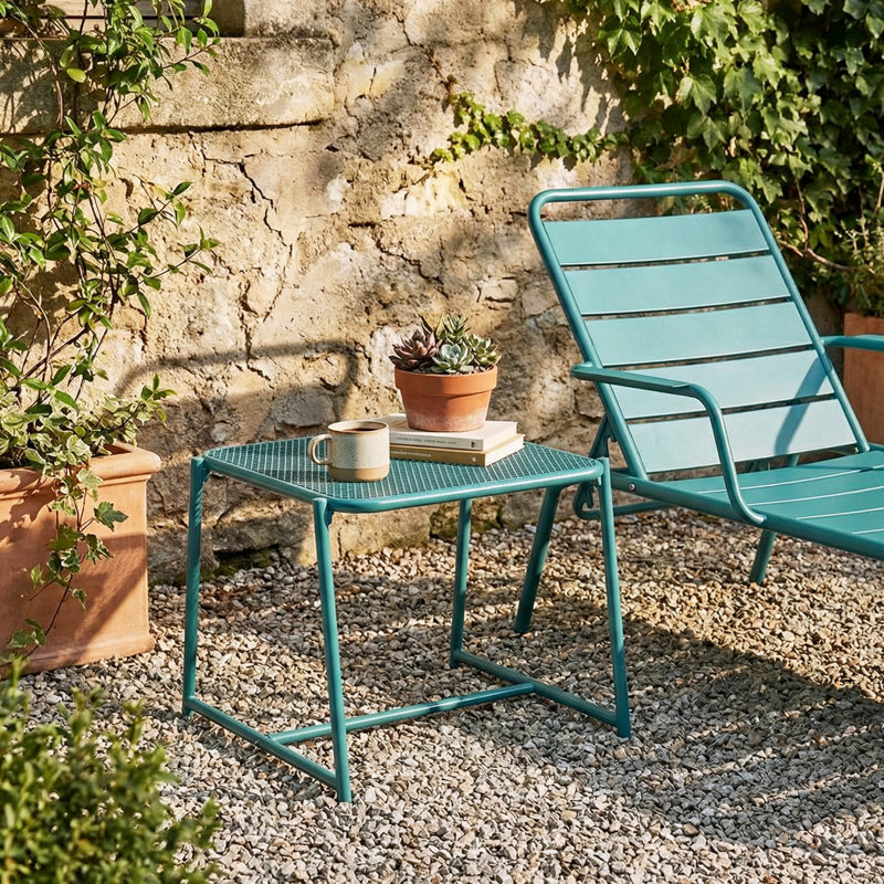 Table d'appoint d'extérieur Abram, H 16,25 po x l 19,5 po x P 18 po, Bleu sarcelle mat