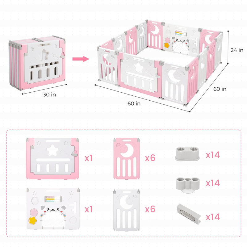 Parc pour bébé Safe Foldable, Rose / blanc, H 24 po x l 60 po x P 60 po