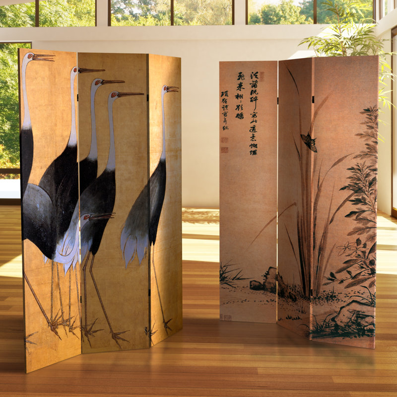 East Asian Art Canvas Folding Room Divider, Cranes