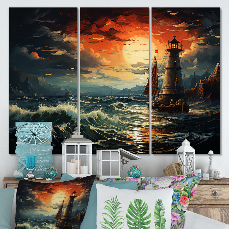 Phare de la mer orageuse 4 - art mural phares, H 28 po x l 36 po, Toile tendue
