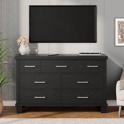 Grande commode moderne à 7 tiroirs gris anthracite, coffre de rangement foncé avec poignées en métal argenté, meuble télé multi-fonctions pour chambre d'enfant
