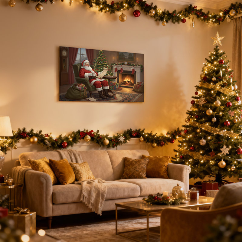 Ensemble de 3 reproductions d'art sur toile, "Christmas Santa Reading List By Fireplace", H 20 po x l 30 po