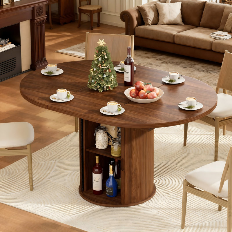 55"W Extendable Round Dining Table for 4–6 with Fluted Base & Large Space Storage Cabinet Oval Dinner Kitchen Table for Kitchens, Dining/Living Rooms