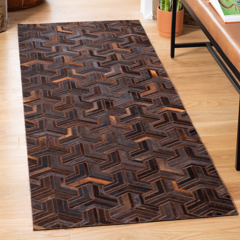 Beaufort Hand Woven Leather/Felted Cloth Geometric Rug in Light Brown/Brown, Runner 2'3" x 7'