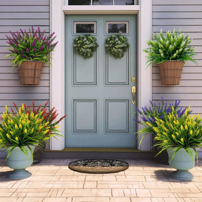 10 Bundles Artificial Grass Fake Plants Outdoor Fake Grass UV Resistant Greenery Plastic Plants for Home Window Garden Office Patio Hanging Planter Pathway Front Porch Decor
