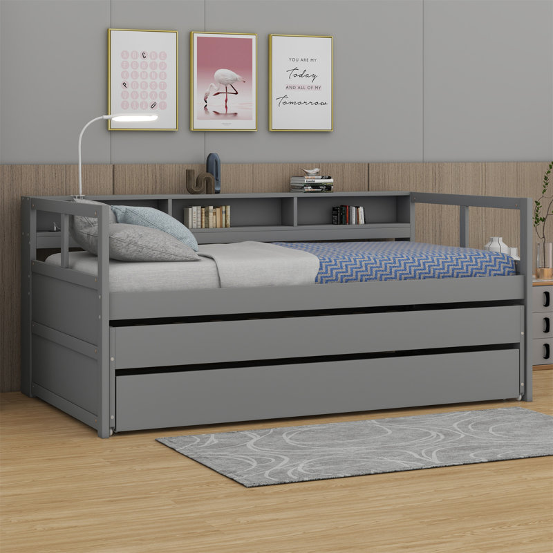 Lit de jour en bois avec 2 gigognes, 3 tablettes de rangement, 1 lampe gratuite et chargement USB, Gris