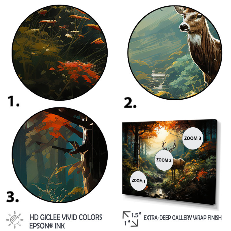 Vert et brun, cerf dans la forêt, impression d'art animalier mural, Cadre d'angle fermé noir, H 30 po x l 40 po x P 1,5 po