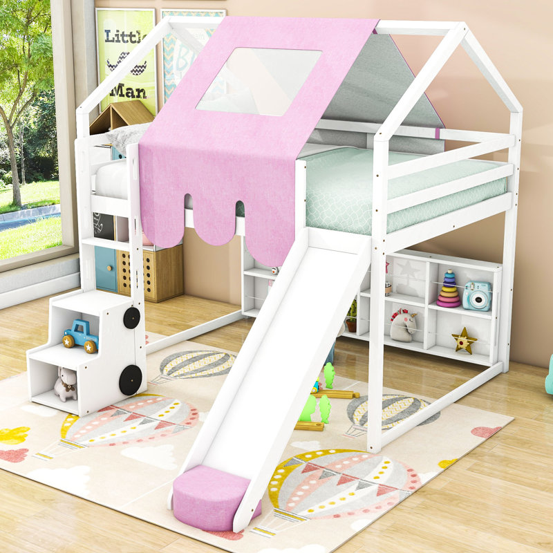 Cadre de lit mezzanine en bois Aryo avec tente, Double, Blanc / rose