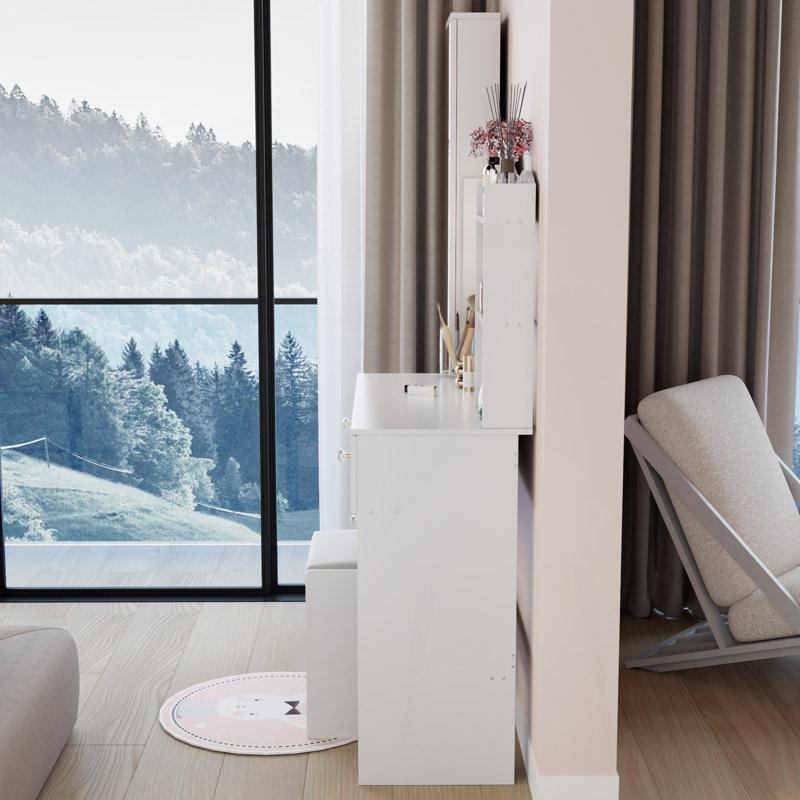 Full Body Mirror Cabinet + Round Mirror LED Vanity Table + Cushioned Stool, 17" diameter LED Mirror, Touch Control, 3-color, Brightness adjustable, Large Desktop, Multi-layer High Capacity Storage