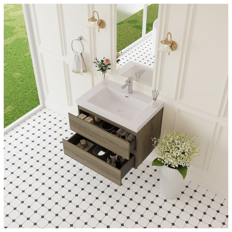 Meuble-lavabo flottant 30 po avec surface solide et tiroirs à fermeture en douceur, gris cendré
