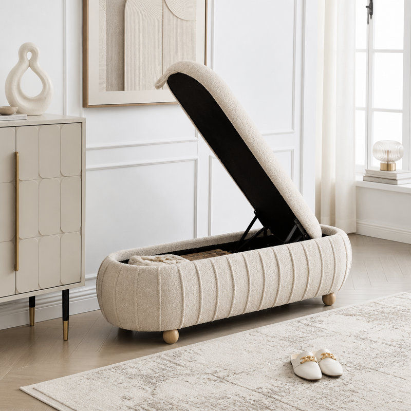 Banc de rangement rembourré à rabat de 55,25 po avec repose-pieds en chenille et pieds en bois d'hévéa, Light Camel