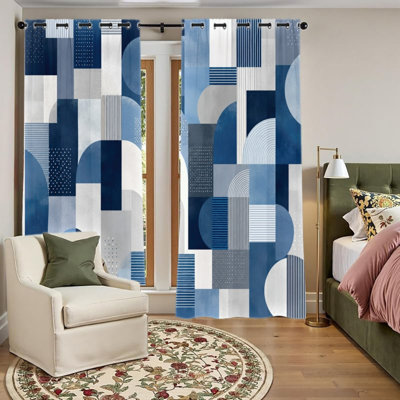 2 rideaux occultant avec œillets 2PCS, paravents de forme abstraite à imprimé géométrique bleu, isolation thermique, réduction du bruit, protection de la vie privée, obscurcissement des rideaux pour salon de chambre à coucher