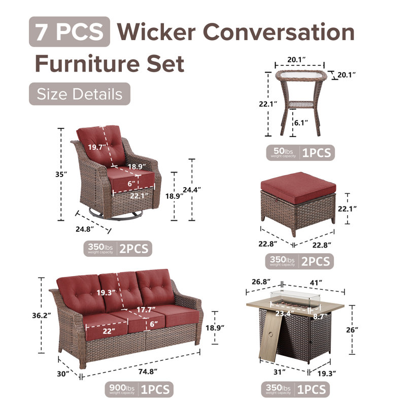 Sami 7-Piece Wicker Patio Furniture Set With Fire Pit Table, 6-Inch Thick Cushioned 360° Swivel Glider Chairs & Ottomans, Red