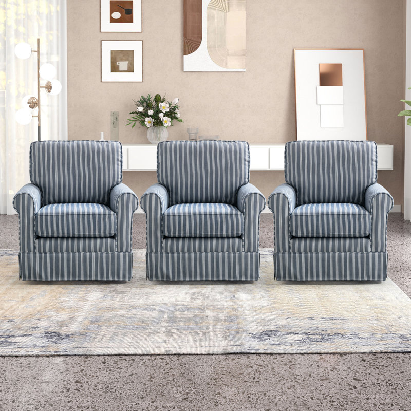 33" Wide Modern Soft Cushioned Back Striped Round Arm Accent Chair With Swivel (Set of 3), Blue Linen