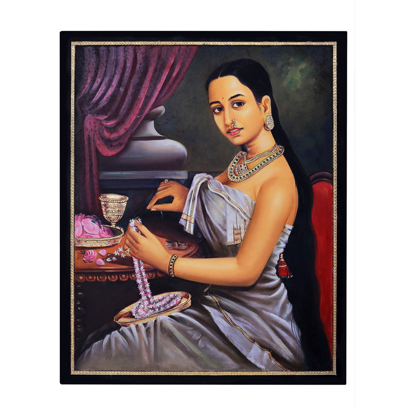 Dame faisant une guirlande, peinture Raja Ravi Varma | Avec cadre