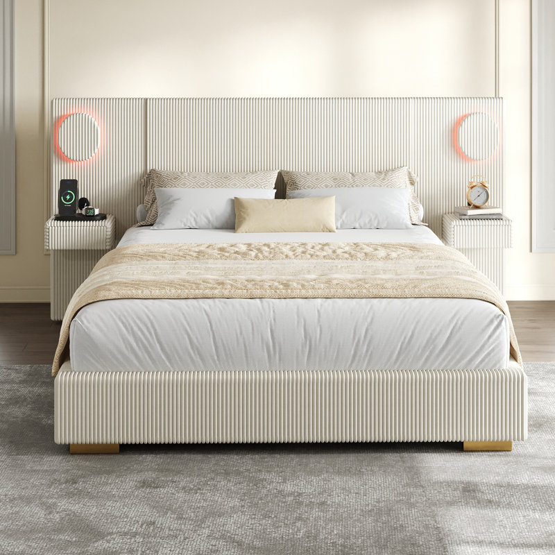 Lit plateforme tapissier en velours côtelé moderne avec lumières DEL circulaires, ports USB et tiroirs de rangement latéraux