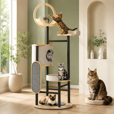 Arbre à chat d'angle robuste de 66 pouces pour grands chats de 20 lb, fabriqué en acier au carbone et comprenant un condo à plusieurs niveaux, un griffoir, une grande plateforme, un hamac et une balle suspendue.