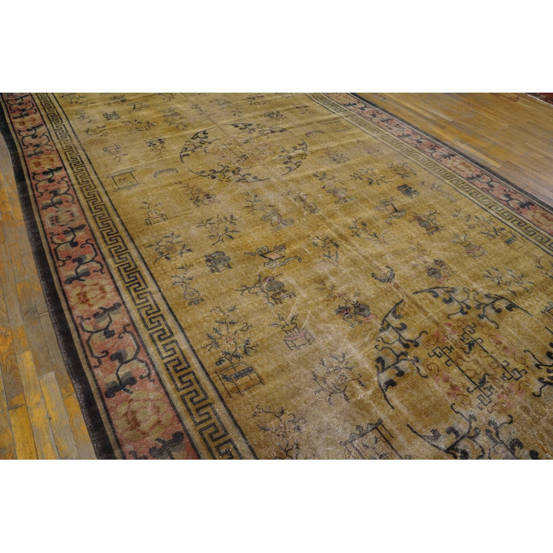 Light Yellow Antique Distressed Oversized Chinese Knotted Rug