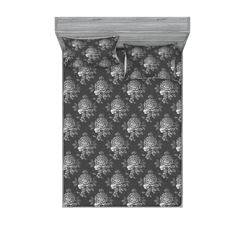 Drap-housse et taies décoratives Ambesonne, Gris foncé / motif floral 1, Ensemble de draps pour lit double avec 2 taies d'o