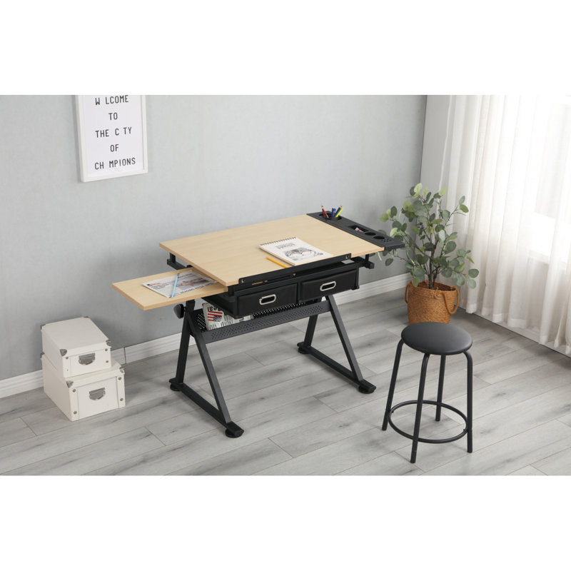 Adjustable Drawing Drafting Table Desk With 2 Drawers For Home Office And School With Stool(Wood)