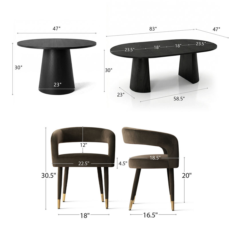 Modern 47"-83" Extendable Dining Table Set With Upholstered Velvet Dining Arm Chairs, 9 Pieces: Table, 8 Chairs, Brown