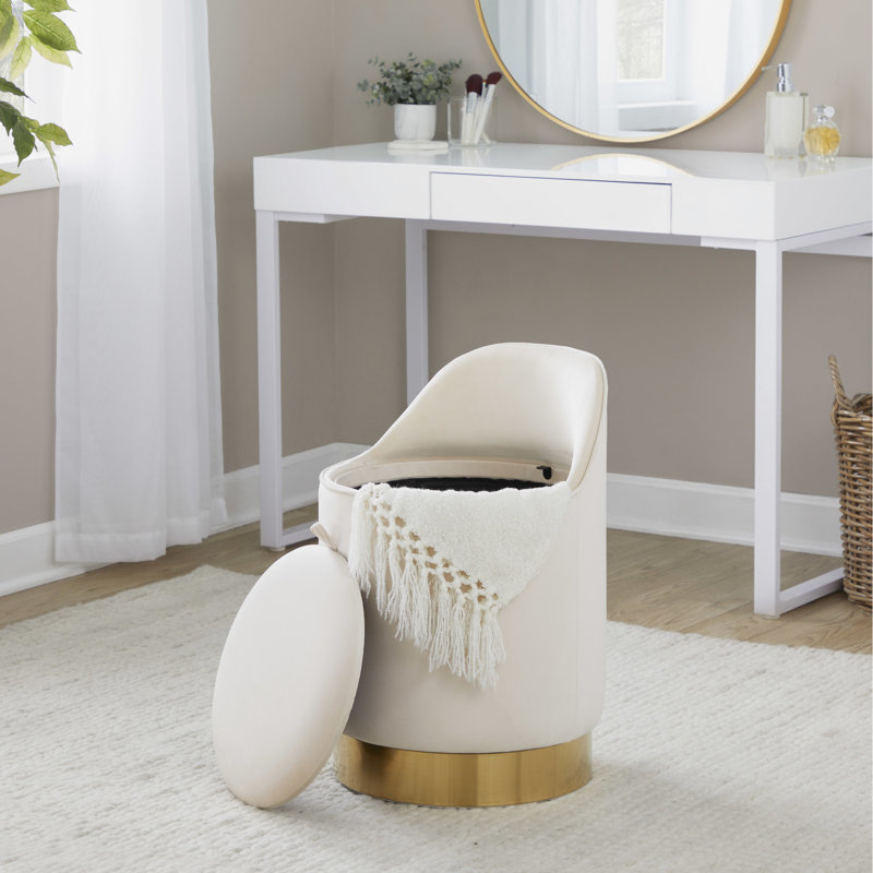 Tabouret de coiffeuse 18 po avec velours crème et pivot en métal doré, style contemporain, couvercle de rangement amovible, article d'intérieur polyvalent, capacité de 250 lb, sans assemblage, rangement, utilisation, poids, requis