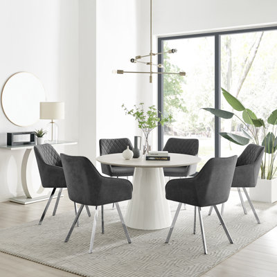 Statement 6 Person Round Dining Table Set in Luxury Beige Stone Effect - Velvet Dining Chairs