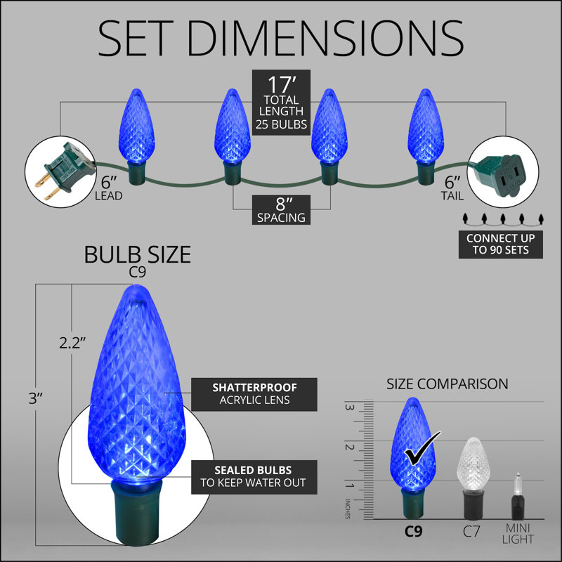 C9 LED Christmas String Light, Blue, 17' L, 25